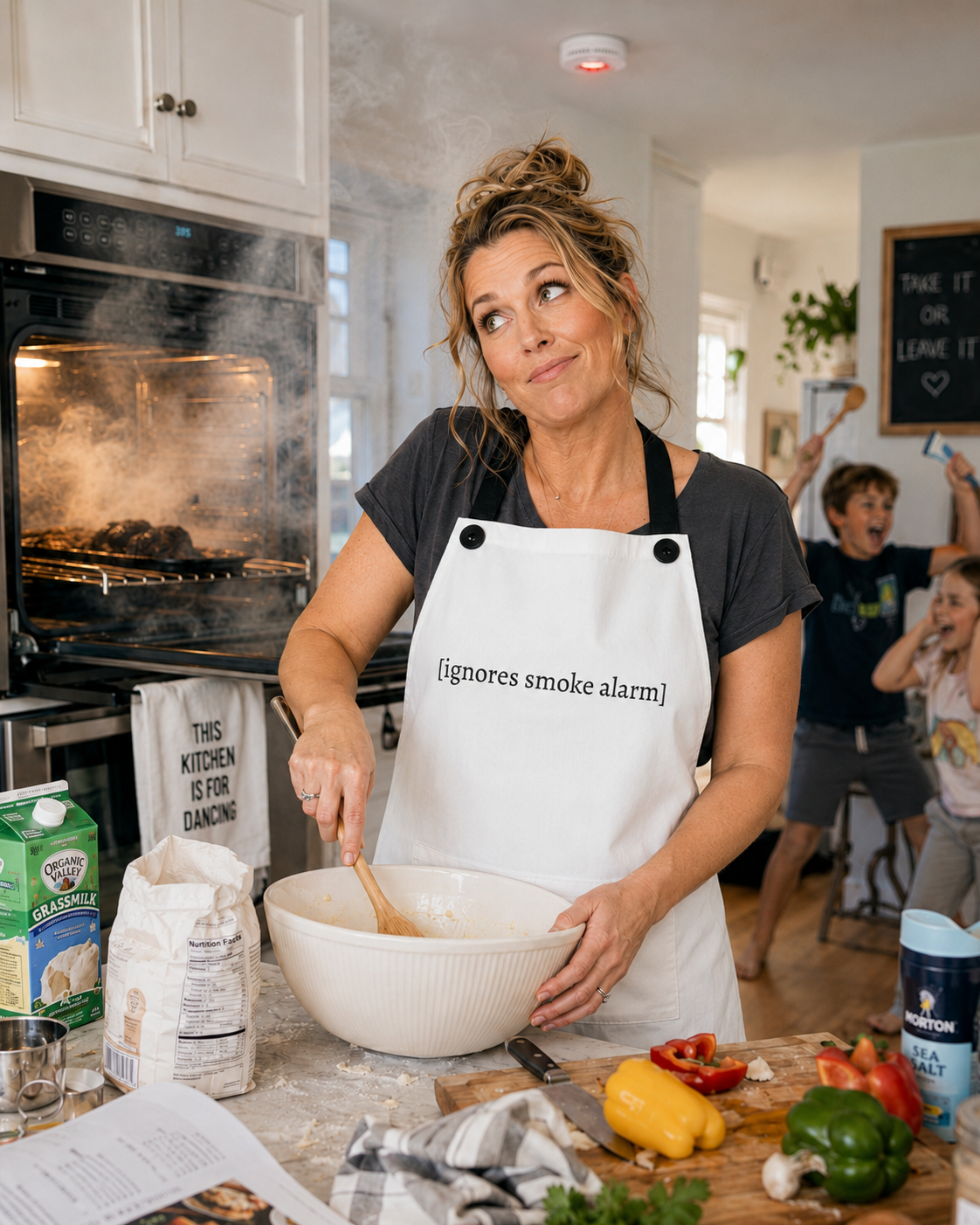 [ignores smoke alarm] — Unisex Kitchen Apron